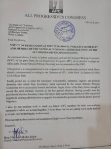 Letter of Resignation By Honourable Muritala Yakubu Ajaka