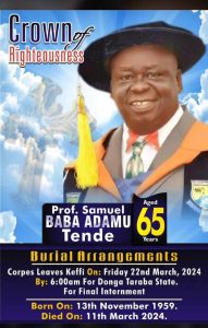 Late Professor Sam Baba Adamu Tende Official Obituary Announcement 